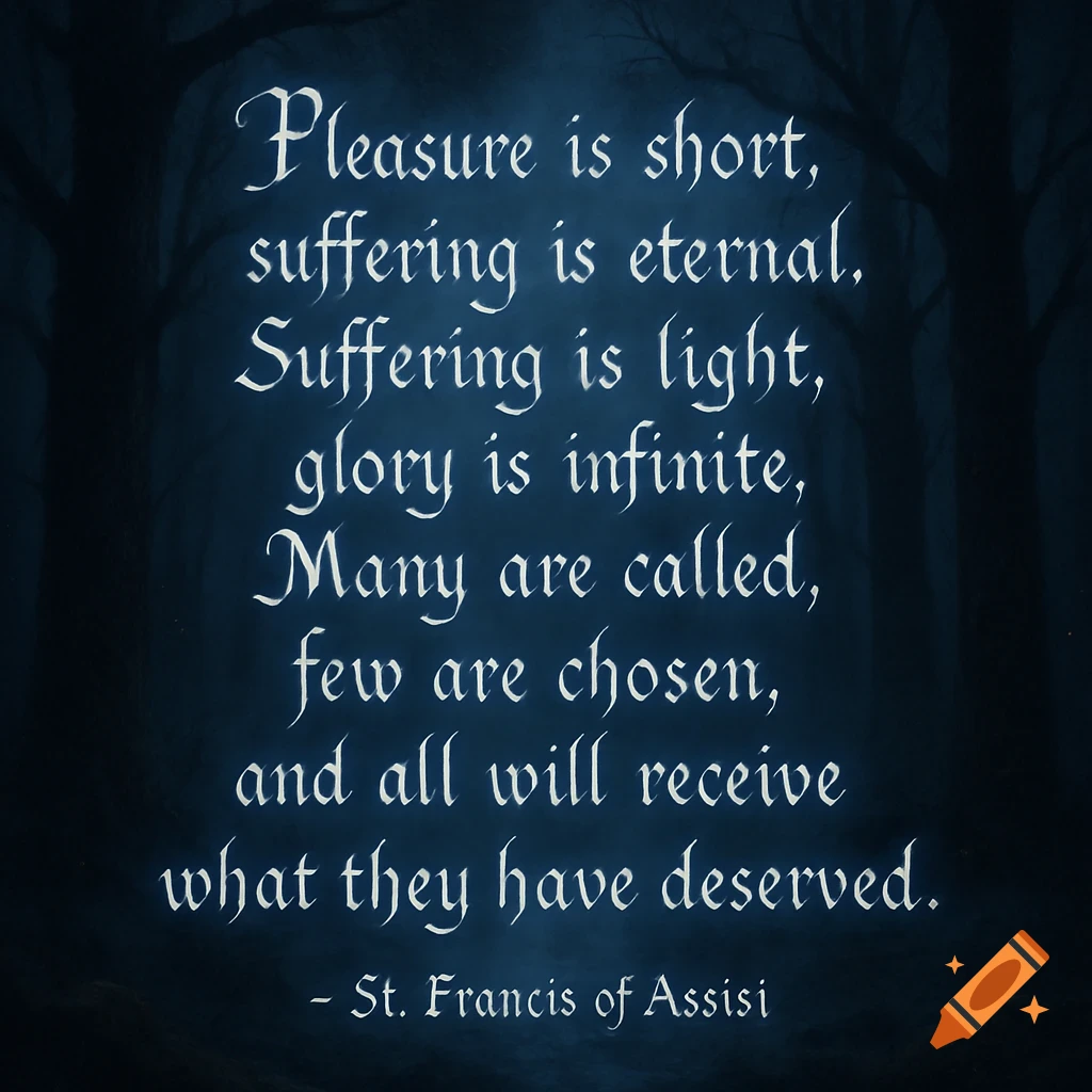 A quote from St. Francis of Assisi in white script on a dark, shadowy forest background.