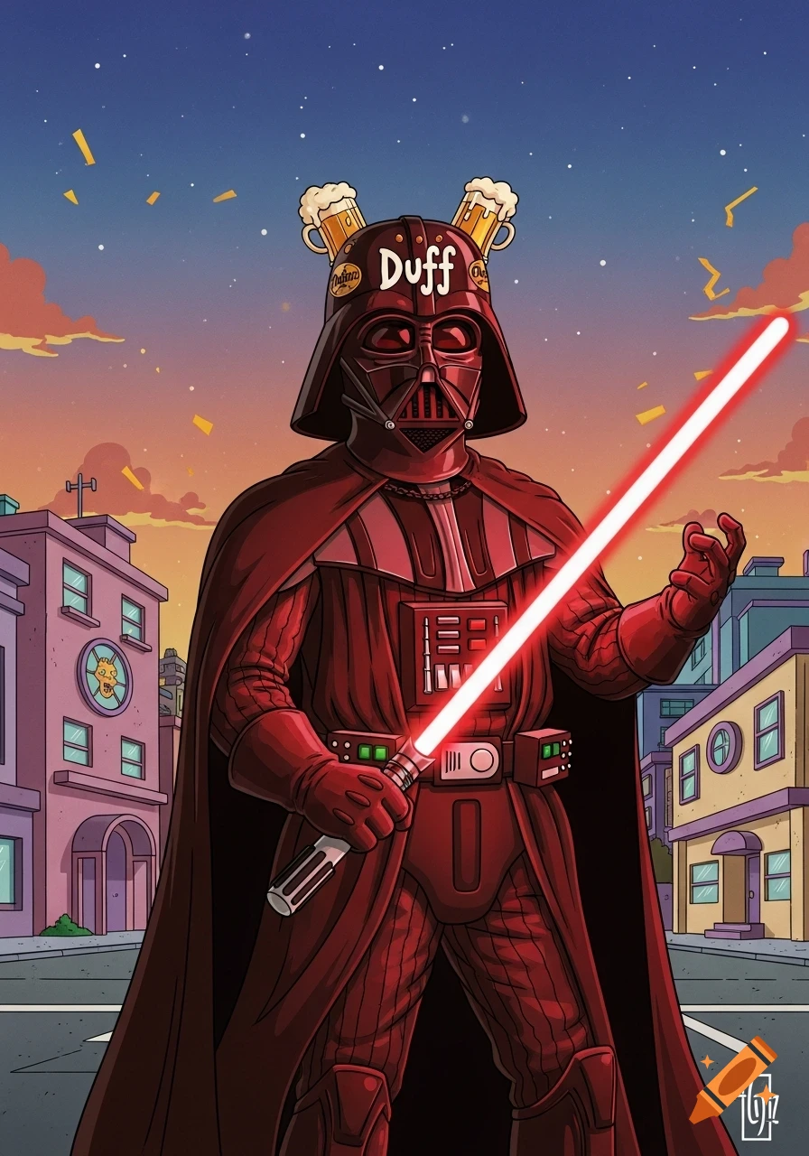 Cartoon red Darth Vader wearing a Duff beer hat, holding a red lightsaber, on a Simpsons-style city street at sunset.
