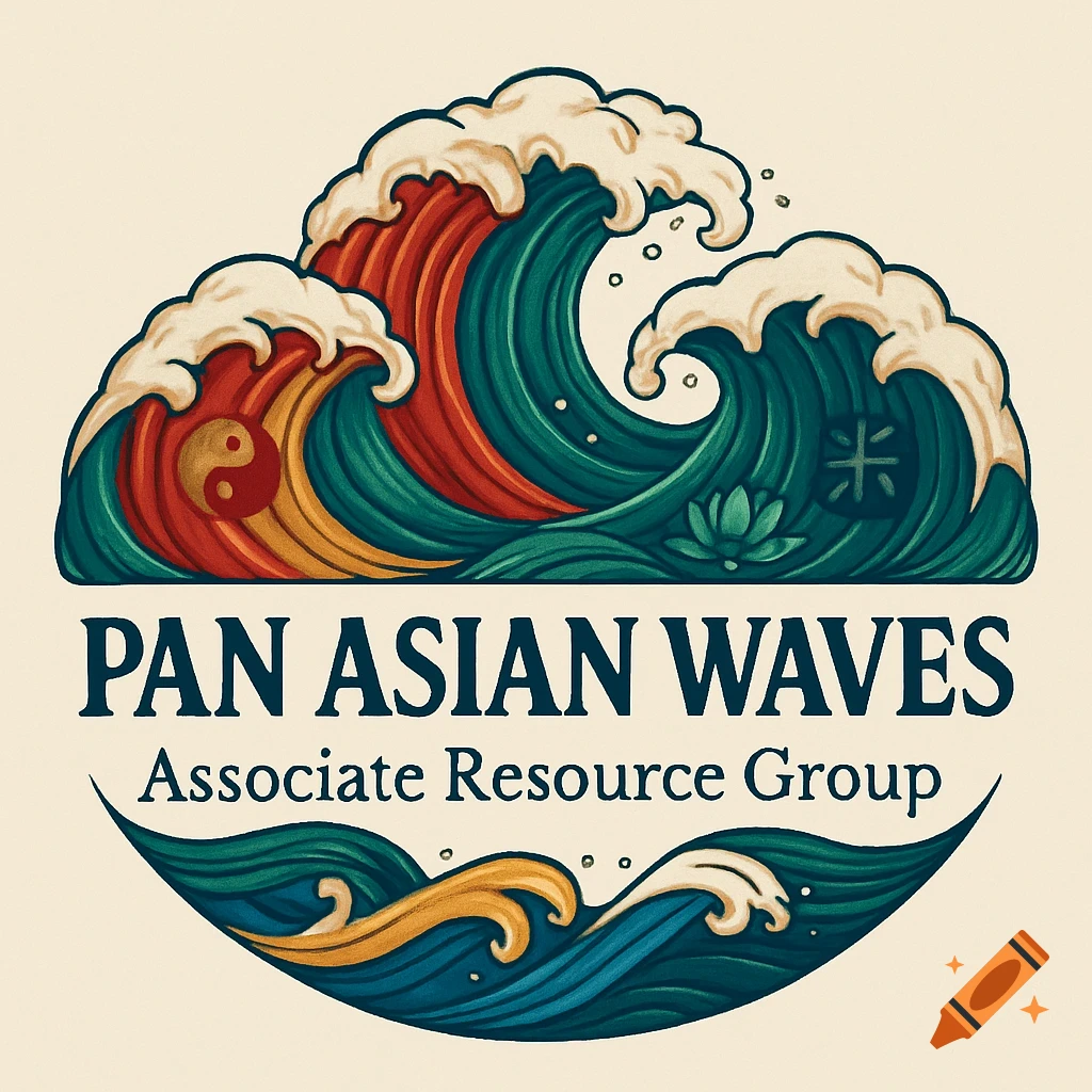 A logo featuring stylized red, gold, teal, and blue waves with white foam. Includes a yin-yang, lotus, and Chinese character, with text 'PAN ASIAN WAVES Associate Resource Group'.