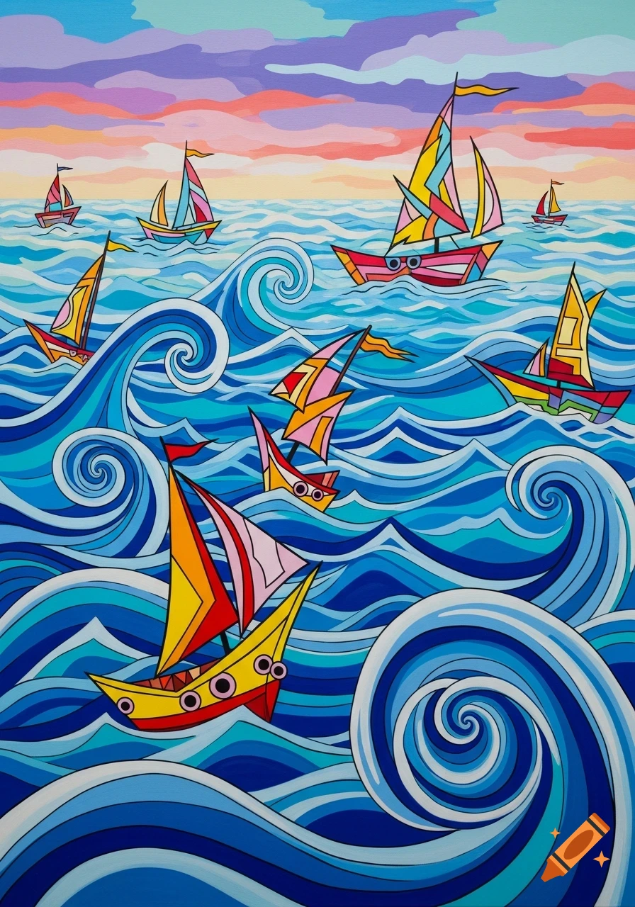 Vibrant postmodern acrylic painting of colorful sailboats on swirling blue waves under a sunset sky.