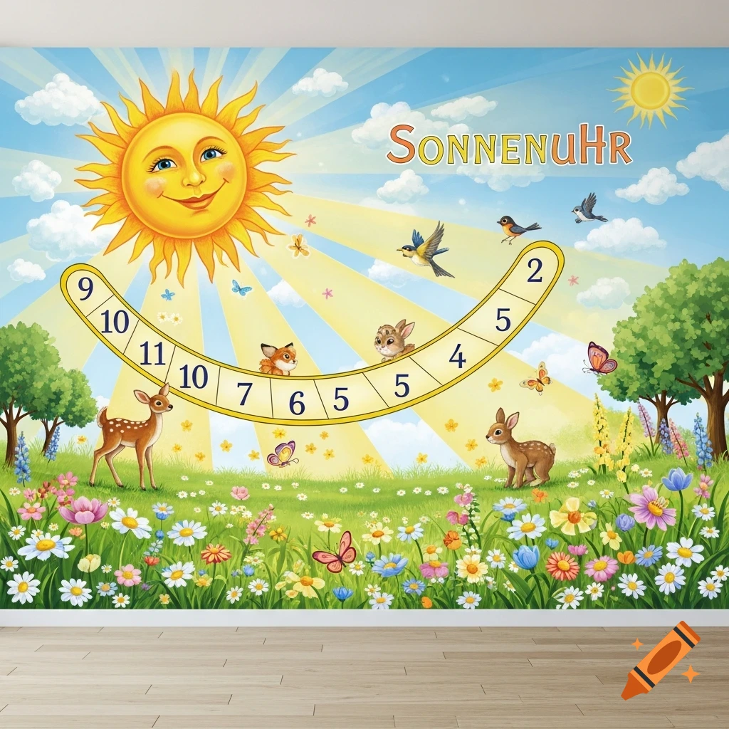A colorful cartoon mural for a kindergarten featuring a smiling sun, woodland animals, butterflies, and flowers in a vibrant field, with a sundial arching across the sky.