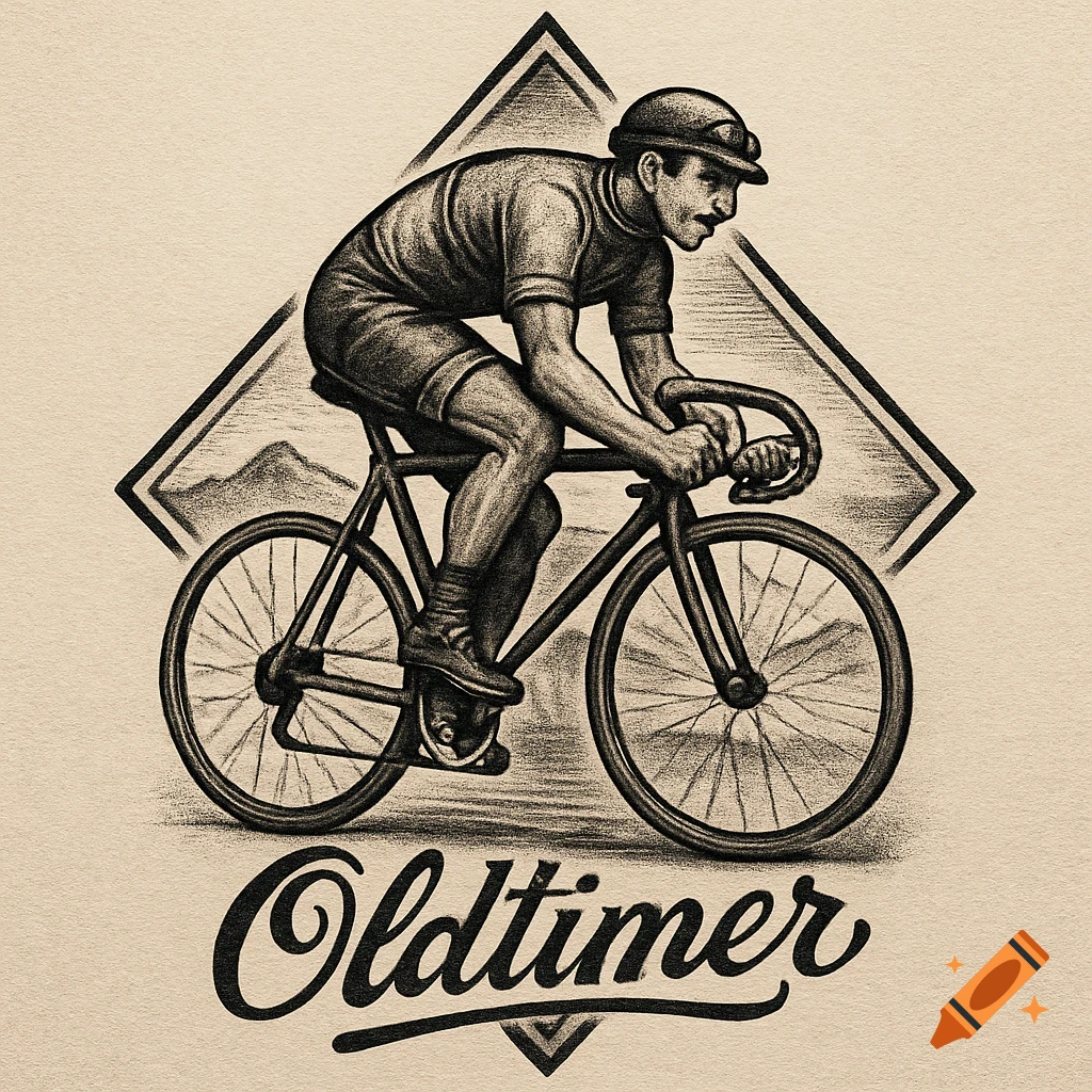 Vintage illustration of a cyclist in profile, framed by two diamonds with a subtle mountain landscape, with 'Oldtimer' text.