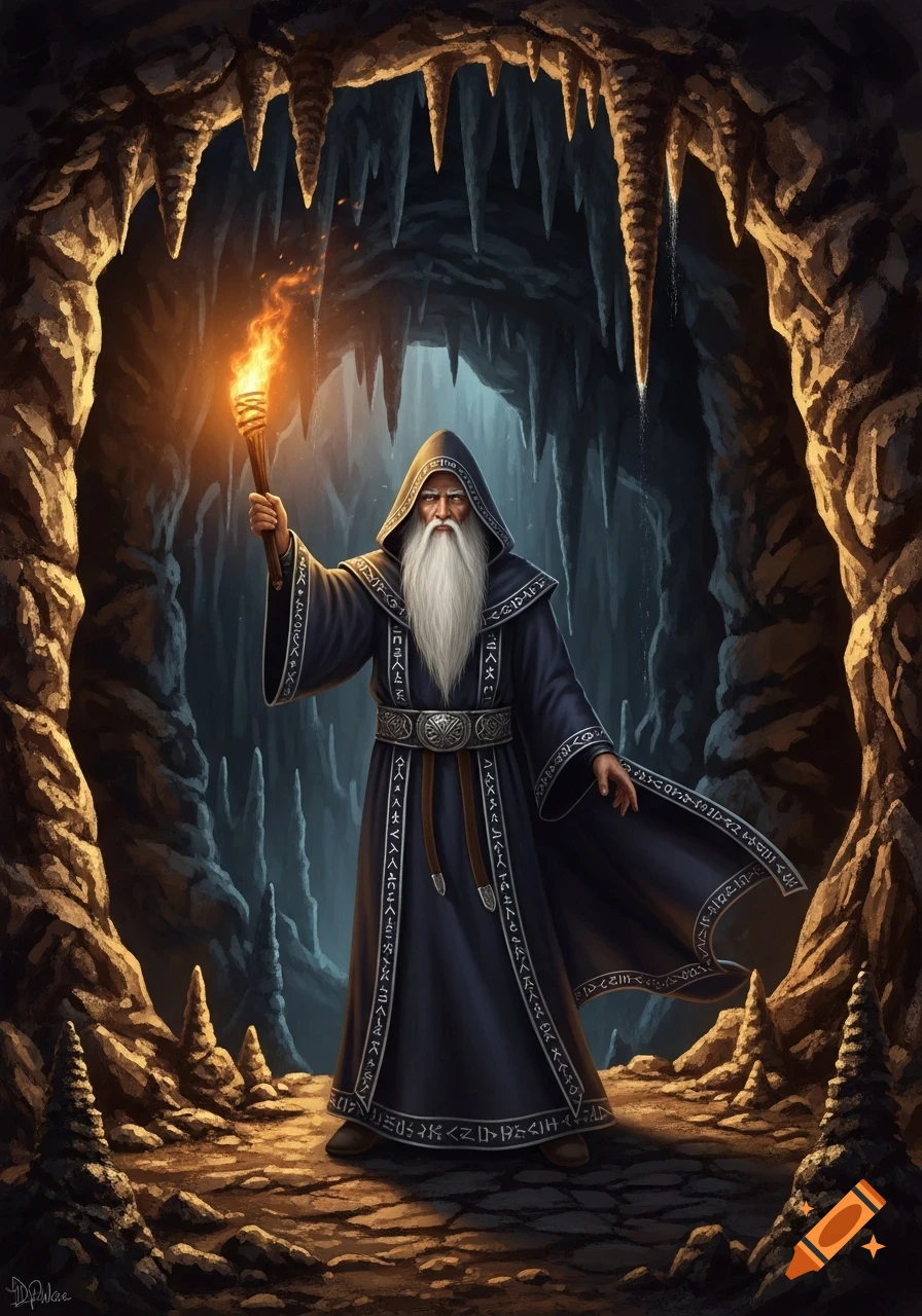 A robed wizard with a long white beard holds a flaming torch, standing in a dark, stalactite-filled cave.