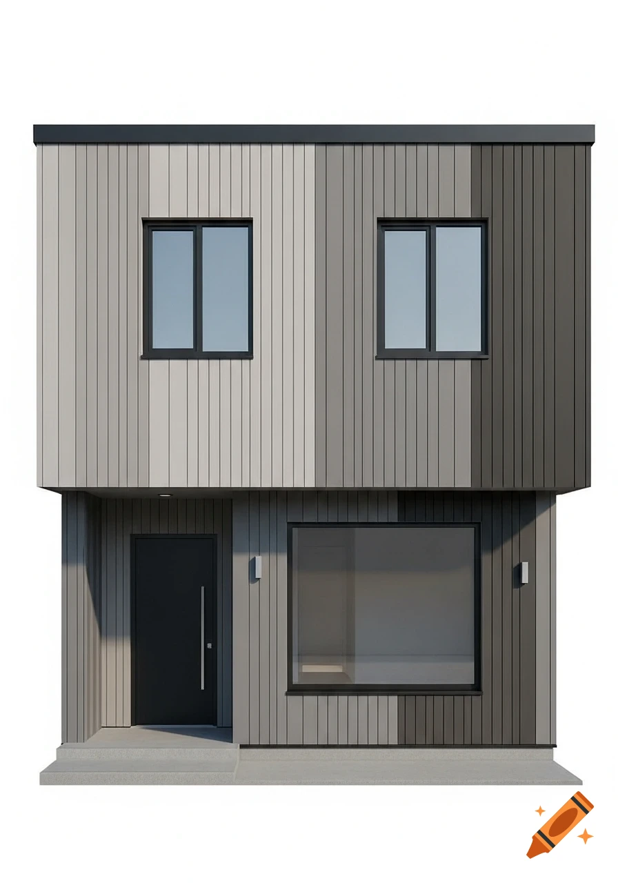 Front view of a modern two-story house facade with vertical gray paneling, a dark door, and multiple windows.