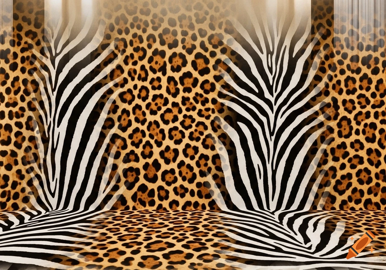 A seamless pattern blending leopard spots and zebra stripes on a curved background.