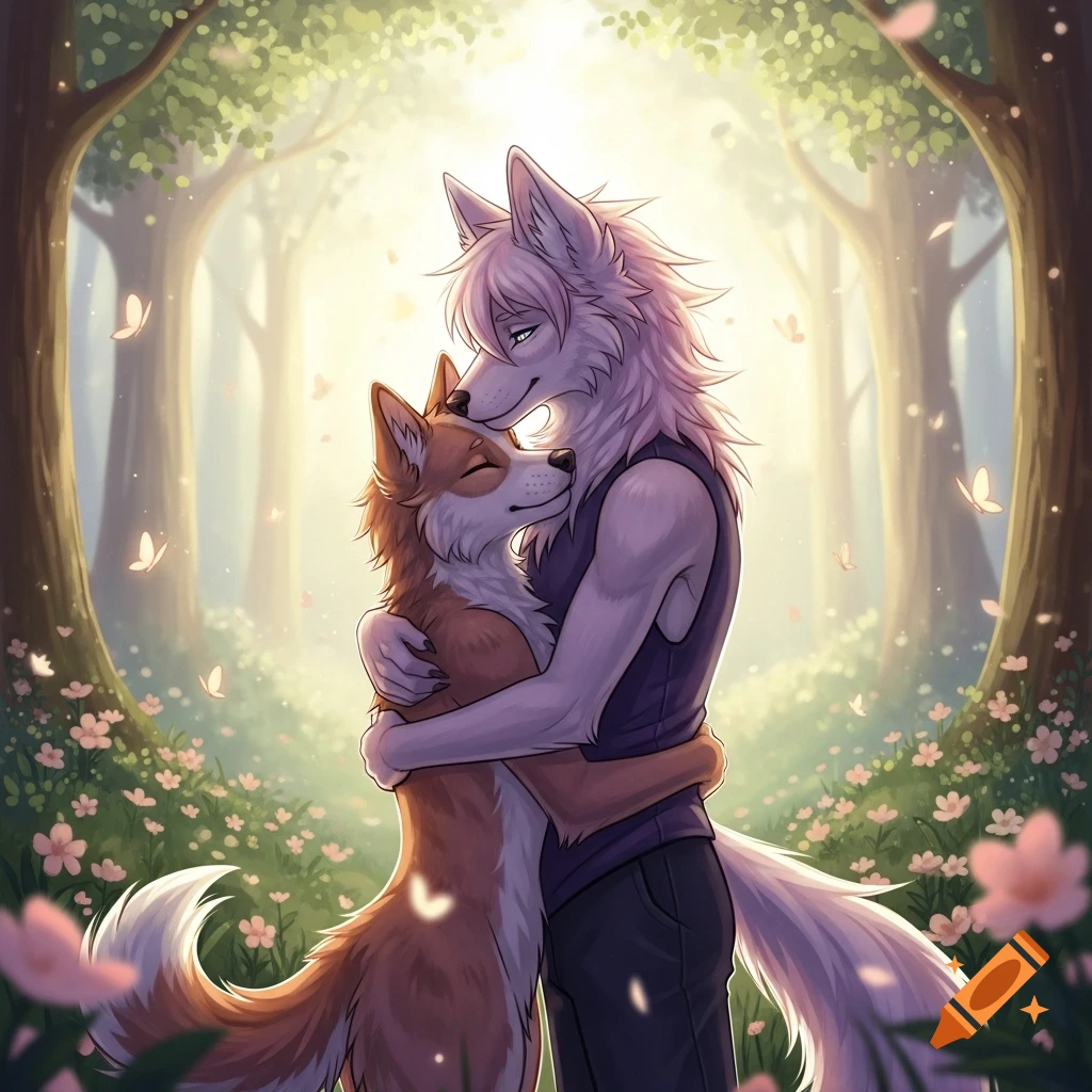 Two furry anthropomorphic canines embracing in a bright, magical forest with flowers and butterflies.