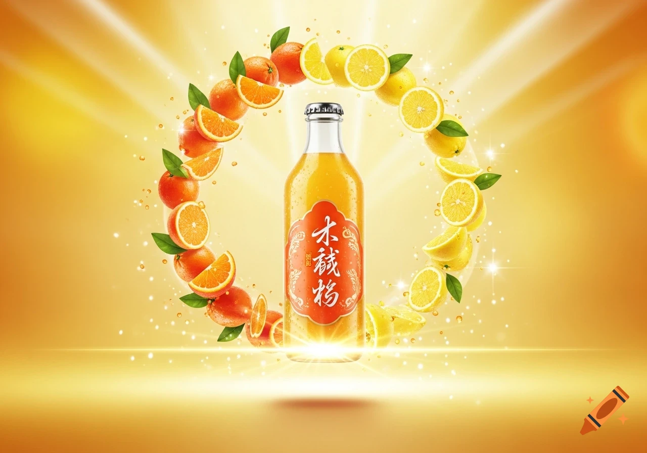 Orange beverage bottle surrounded by fresh oranges and lemons on a bright, glowing yellow background.