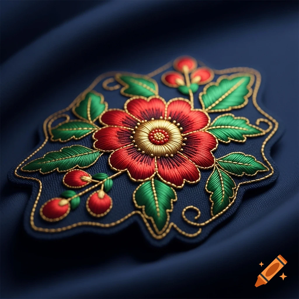 A detailed embroidered floral patch featuring a red flower with a gold center, green leaves, and red berries, on a dark blue fabric background.