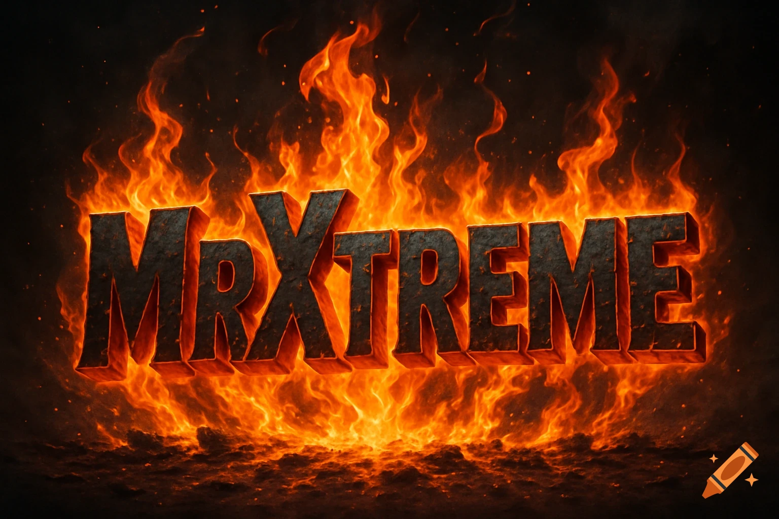 The word 'MrXtreme' in fiery, metallic, 3D block lettering on a dark, smoky background.