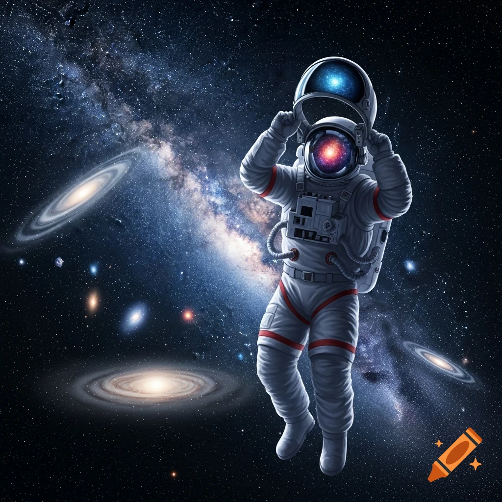 An astronaut floats in deep space, removing their helmet to reveal a galaxy within.