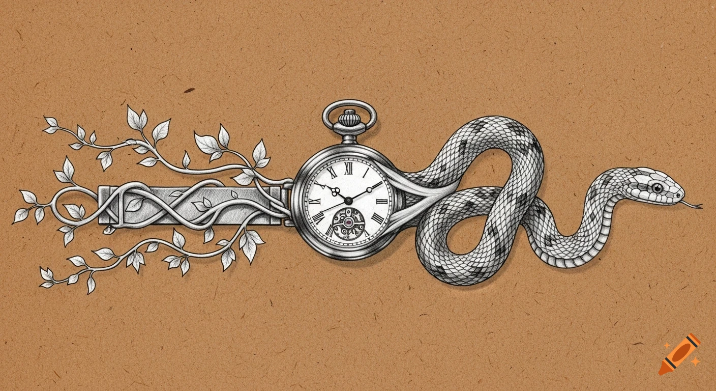 Monochromatic pencil drawing of a pocket watch with vines on one side and a snake on the other, on a brown paper texture.