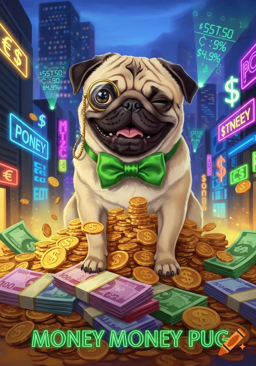 A happy pug with a monocle and green bow tie sits on a huge pile of gold coins and stacks of money, against a city backdrop with glowing neon signs.