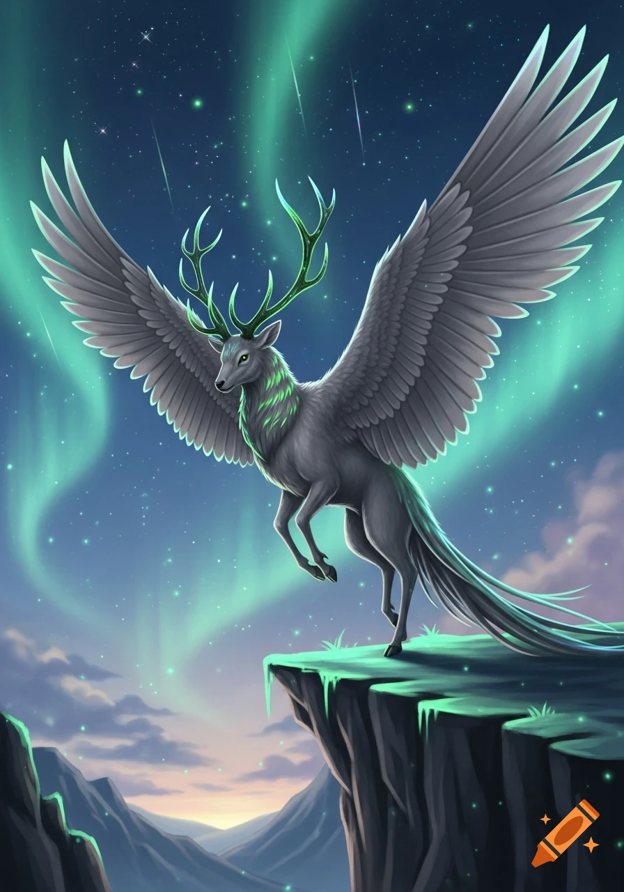A winged grey peryton with glowing green antlers and fur stands on a cliff edge under a starry night sky with a green aurora borealis. Digital art.