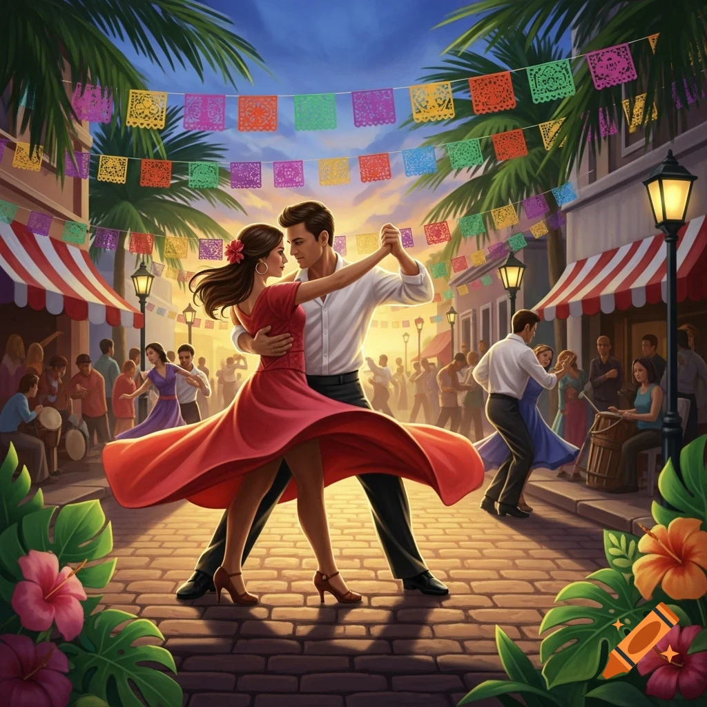 A vibrant illustration of a couple dancing bachata at a street festival adorned with colorful banners and palm trees.