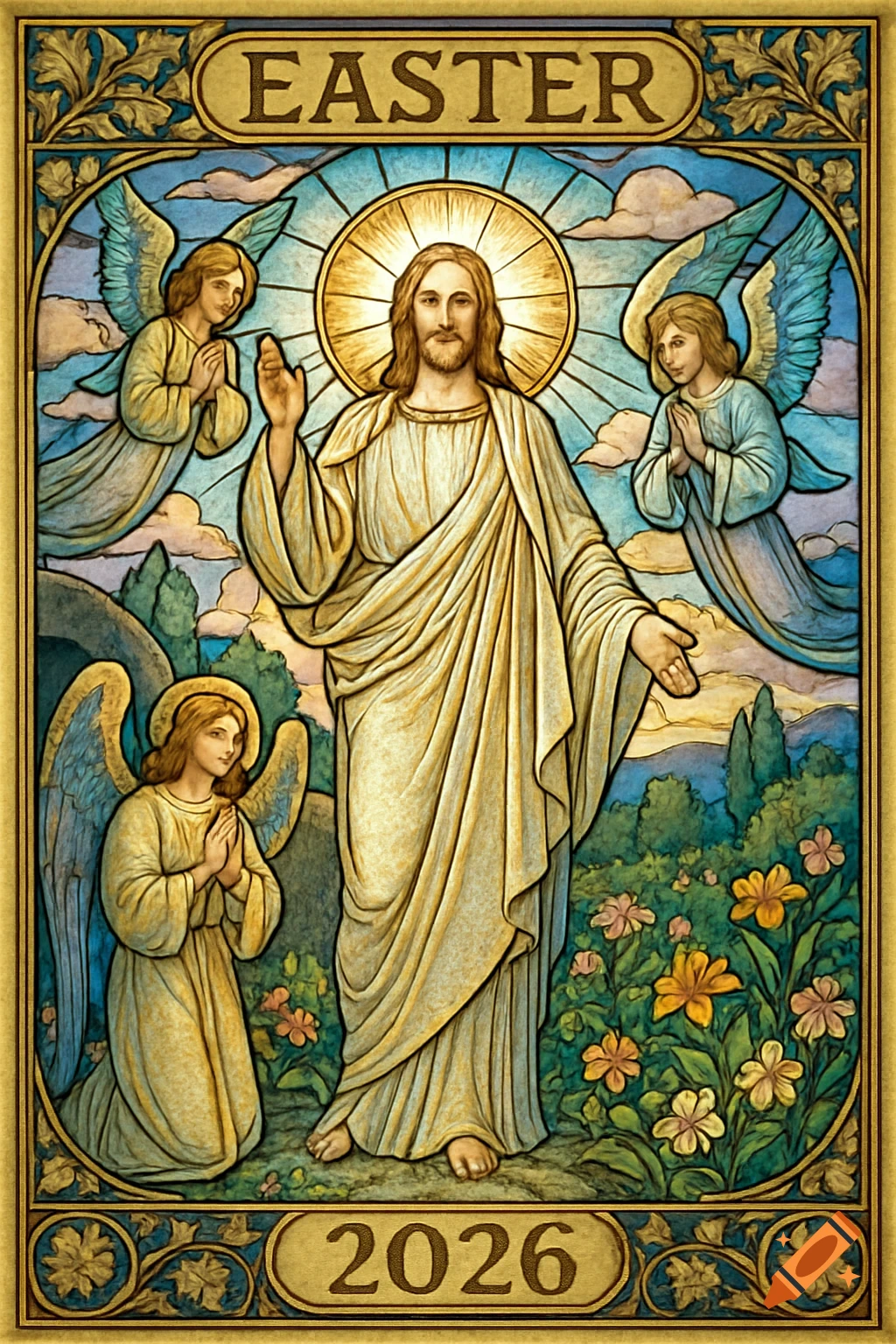 Stained glass art of Jesus Christ with angels and flowers, framed, with 'EASTER' and '2026' text.
