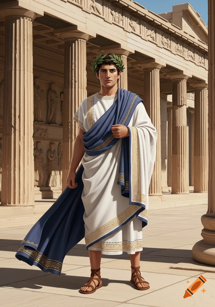 A man in a white tunic, blue toga, and laurel wreath stands before an ancient Greek temple with columns.