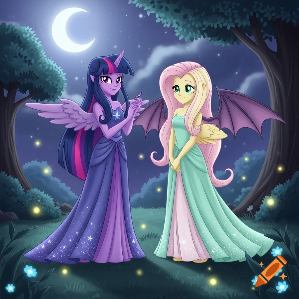 Twilight Sparkle in a purple dress with white wings and Fluttershy in a mint dress with bat and pegasus wings stand in a magical forest at night under a crescent moon.