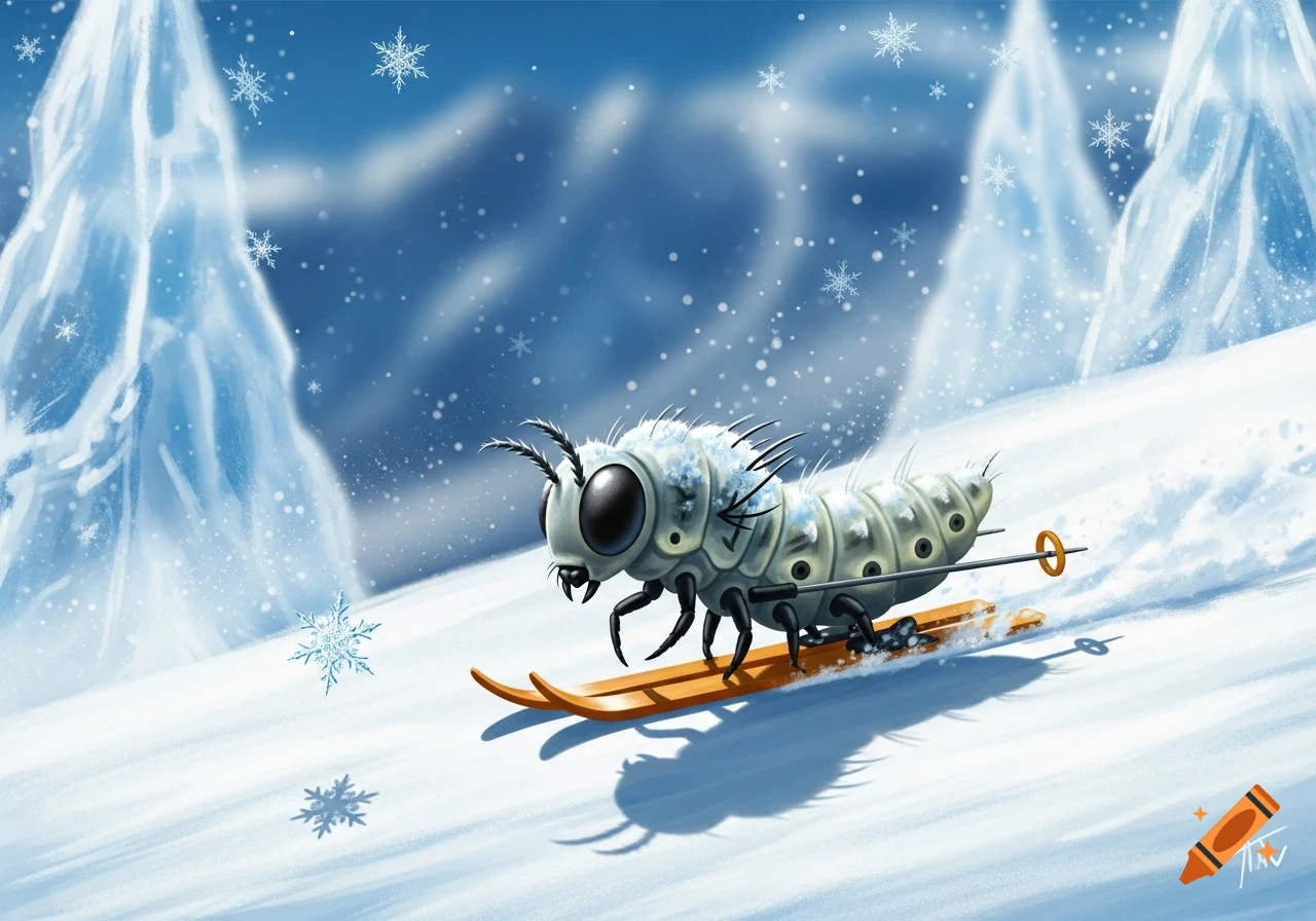 A cartoon larva with large eyes skis down a snowy mountain slope amidst ice trees and falling snowflakes.