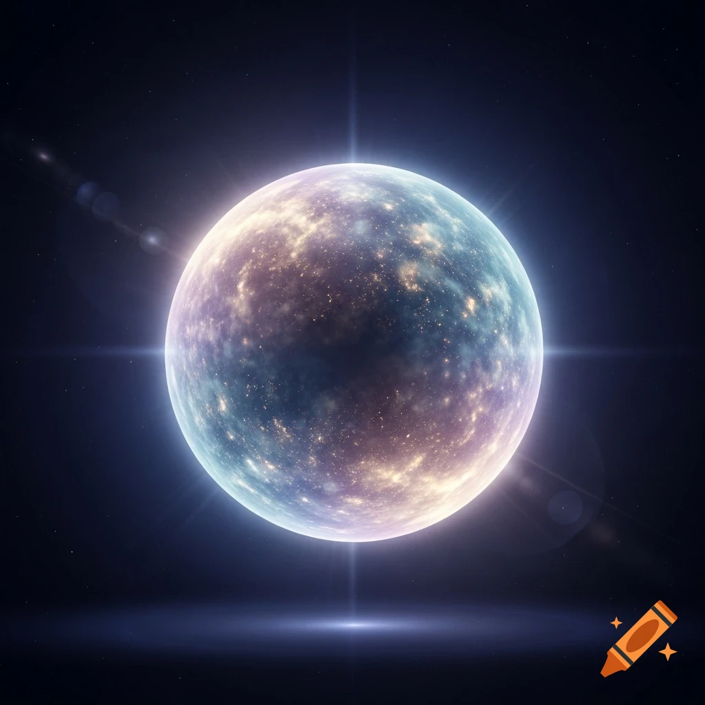 A glowing, colorful planet-like orb with vibrant blue, purple, and yellow hues floats in dark space with stars and lens flares.