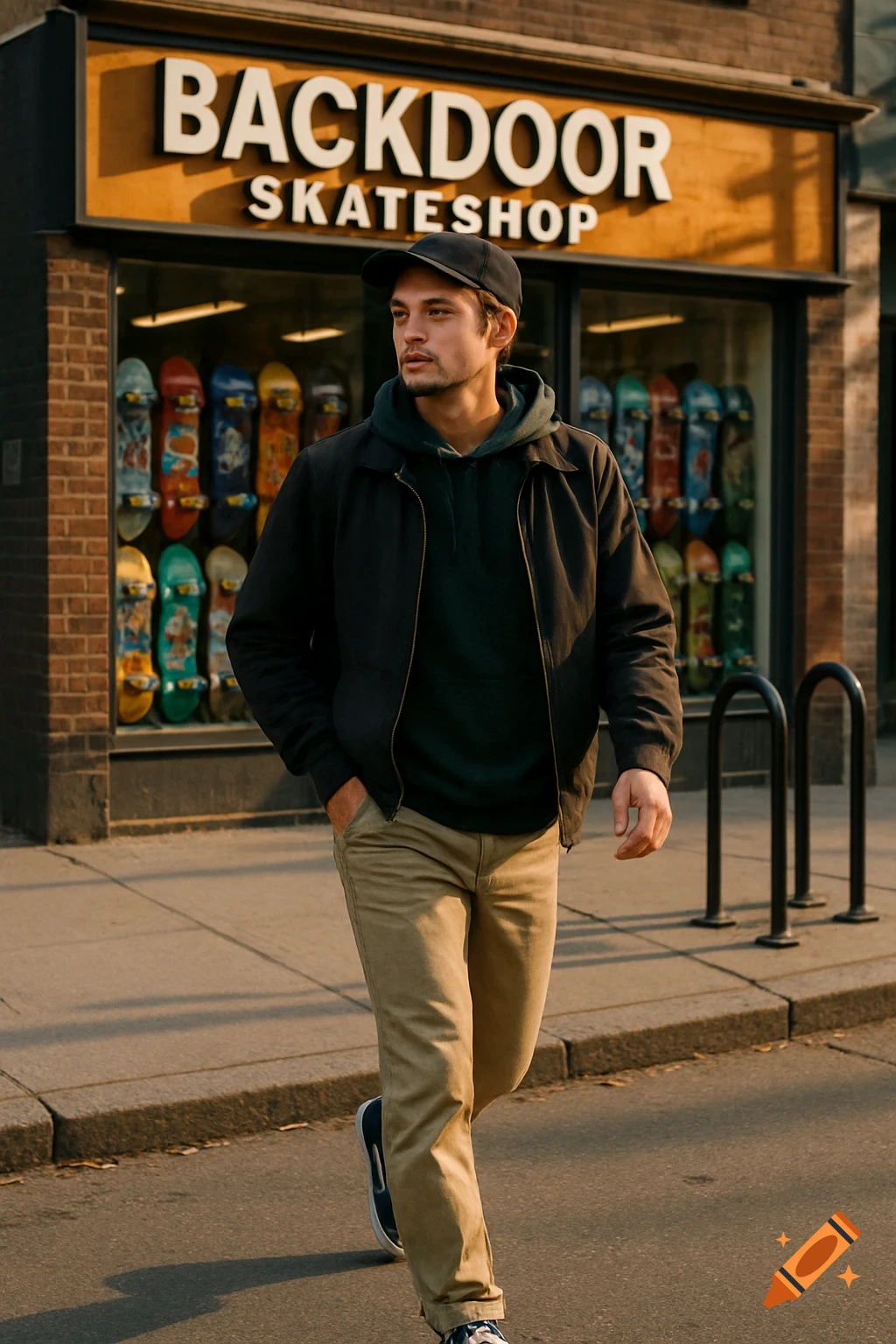 A man in a dark jacket, green hoodie, and khaki pants walks past 'Backdoor Skateshop' displaying skateboards.