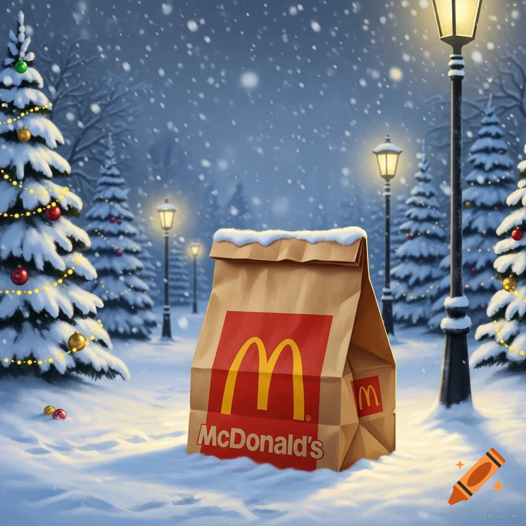 A McDonald's bag sits in fresh snow surrounded by decorated Christmas trees and glowing streetlights during a snowy night.