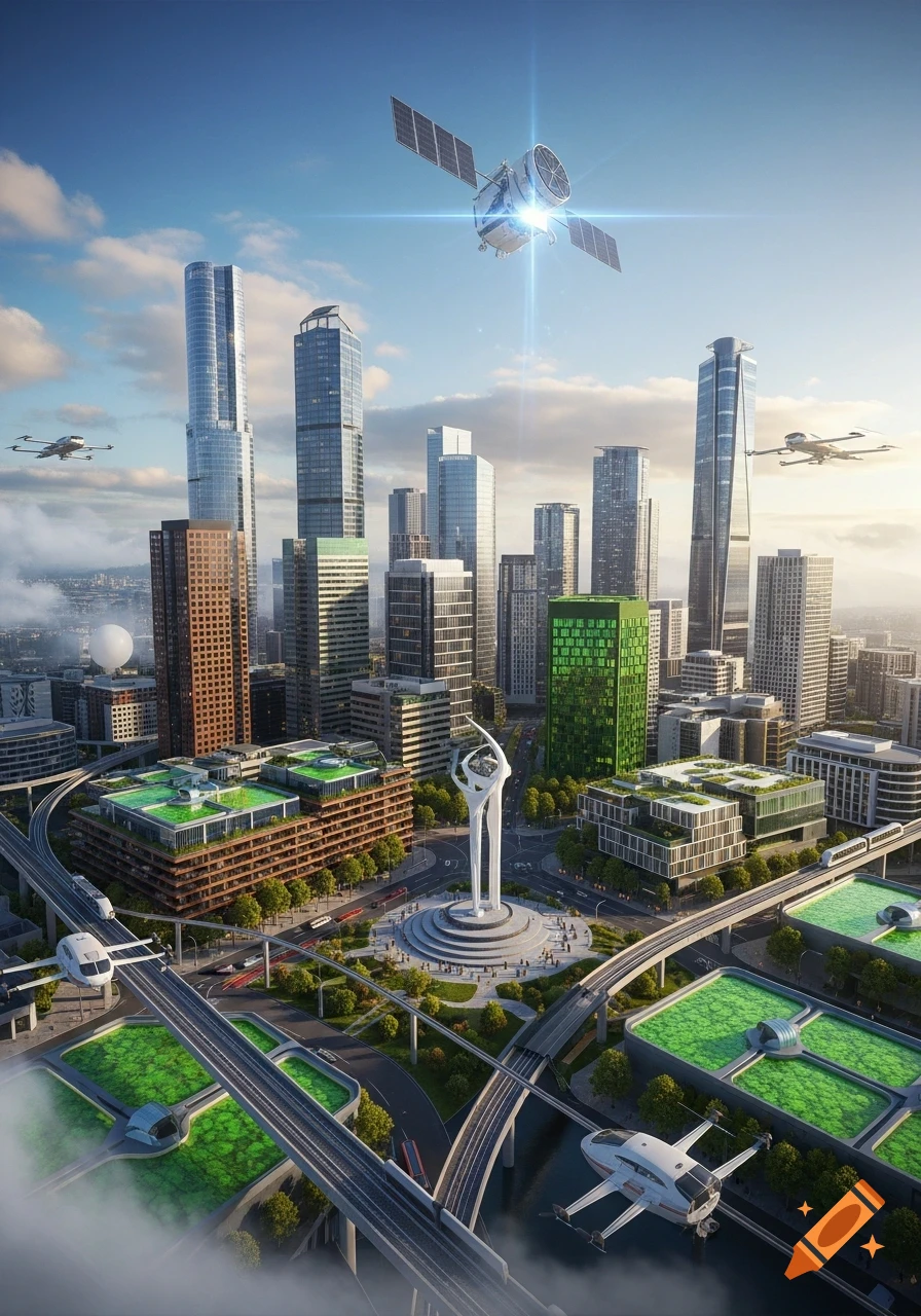 Aerial view of a futuristic city with tall skyscrapers, flying cars, monorails, green rooftops, and a glowing satellite in the sky.