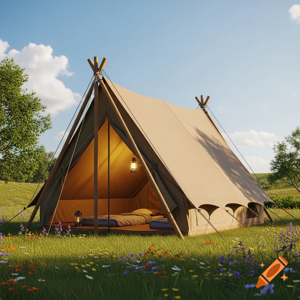 A beige canvas tent with an illuminated interior stands in a sunny green meadow filled with wildflowers under a blue sky.