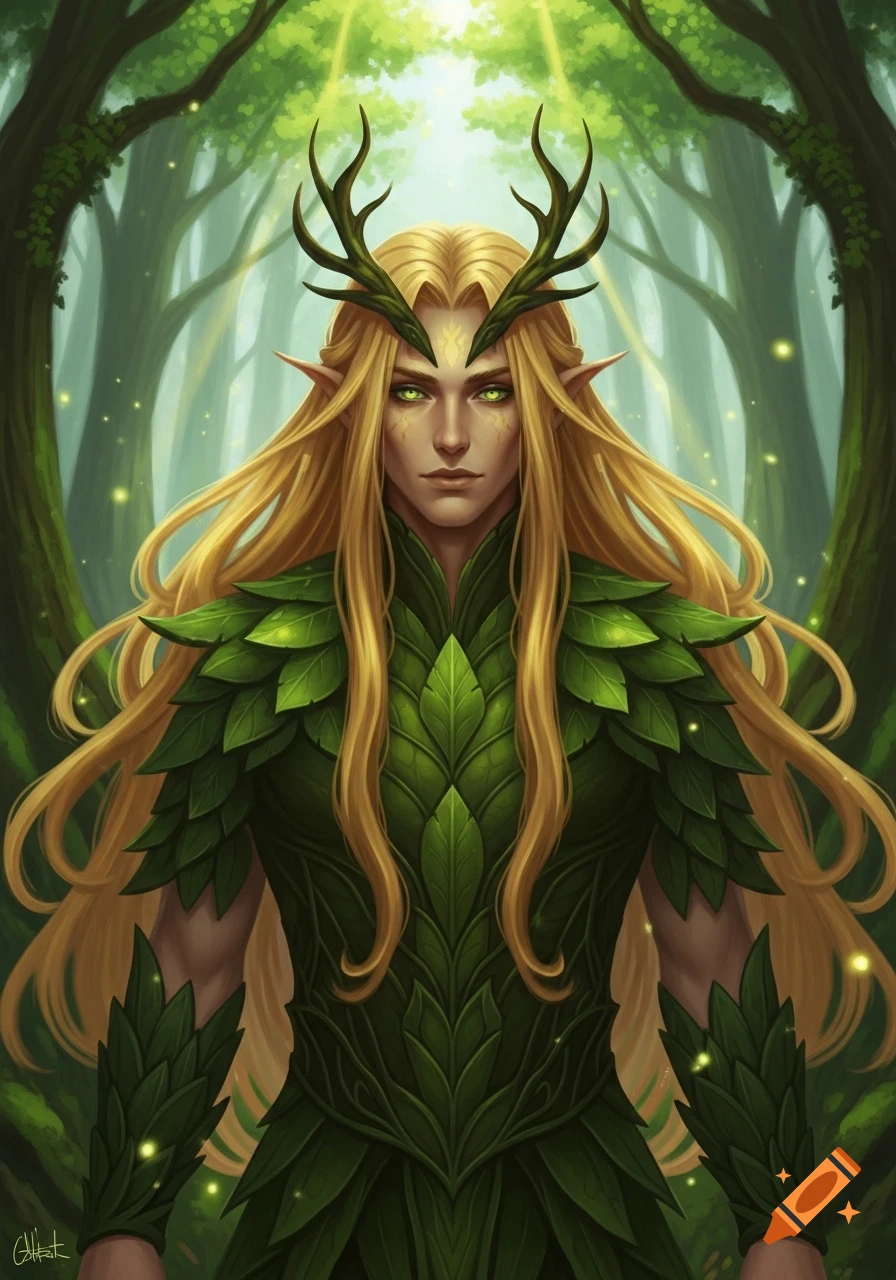A handsome male elf with long blonde hair, green eyes, and antlers, wearing green leaf armor in an enchanted forest.