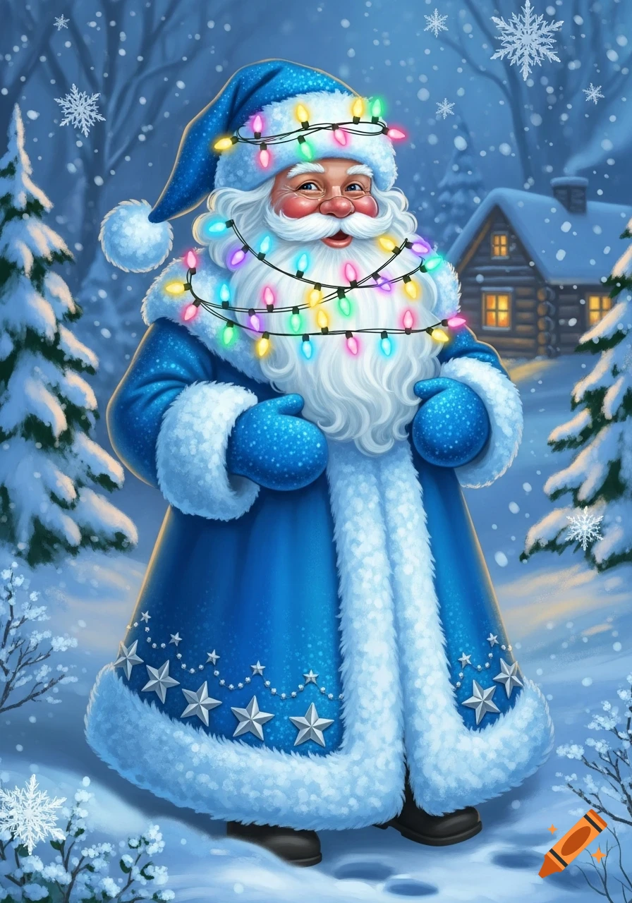 A blue-robed Santa Claus with a long white beard and hat, covered in colorful Christmas lights, stands in a snowy winter forest with a log cabin in the background.