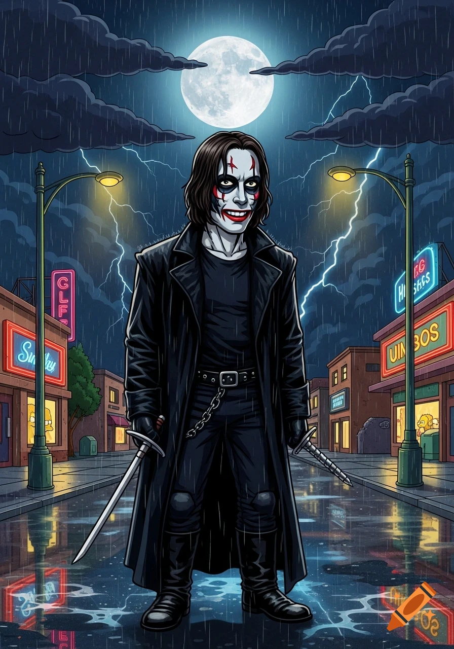 Cartoon depiction of The Crow in a rainy city street at night, holding swords, with lightning and a full moon.