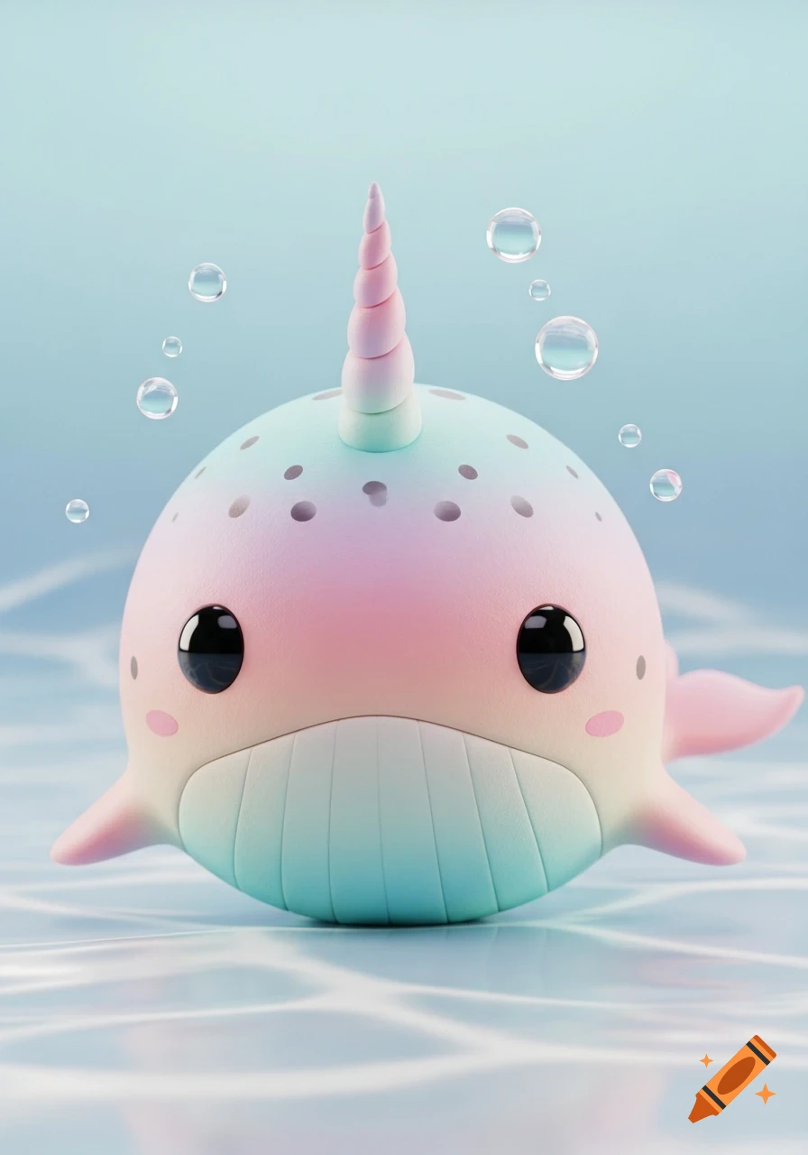 A cute, pastel 3D narwhal with a rainbow horn and large black eyes floats among bubbles on a light blue background.