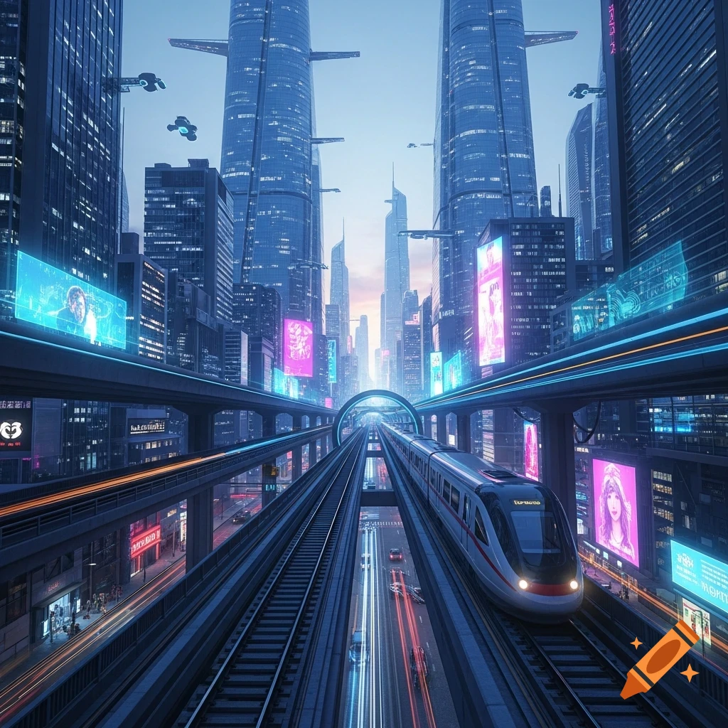 A futuristic city with towering skyscrapers, elevated train tracks, and glowing billboards, with a sleek train moving through the center.