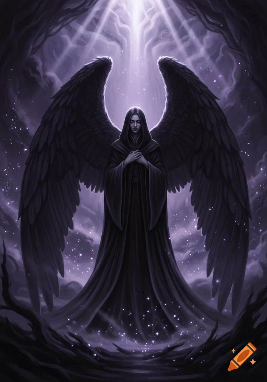 A dark angel with large black wings, a hooded robe, and glowing eyes stands in a mystical purple forest with ethereal light.