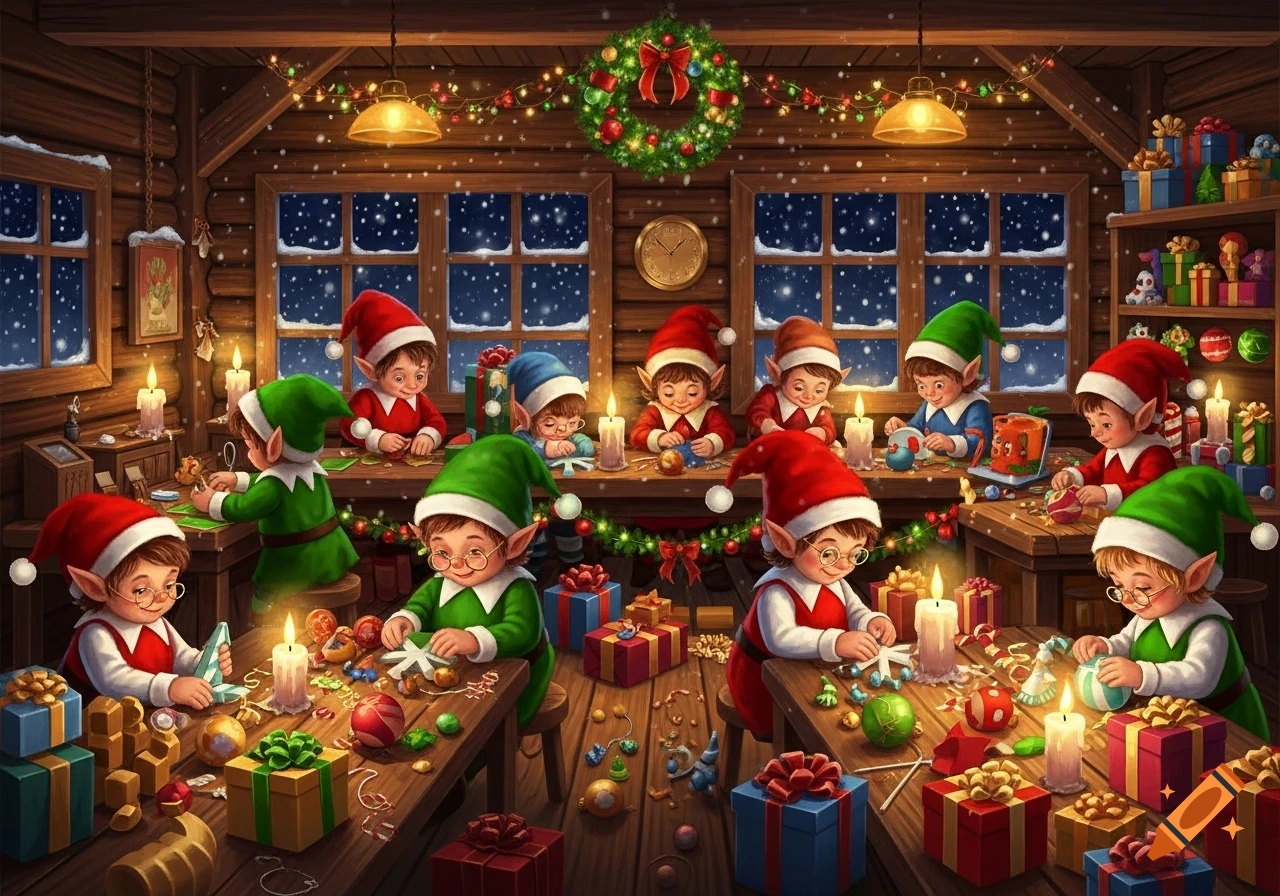 Cozy illustration of Santa's elves in their workshop, making Christmas gifts at wooden tables as snow falls outside.