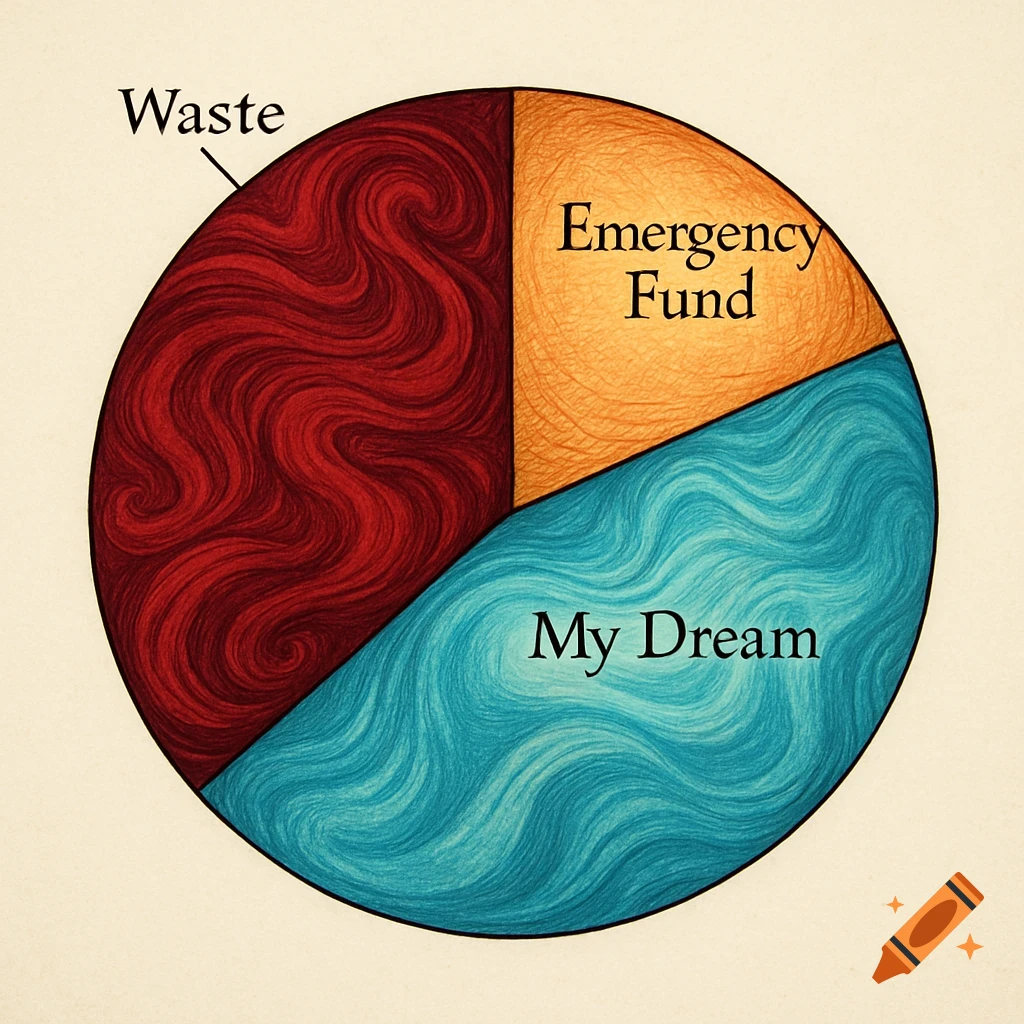 A textured pie chart divided into three segments: red for Waste, orange for Emergency Fund, and blue for My Dream.