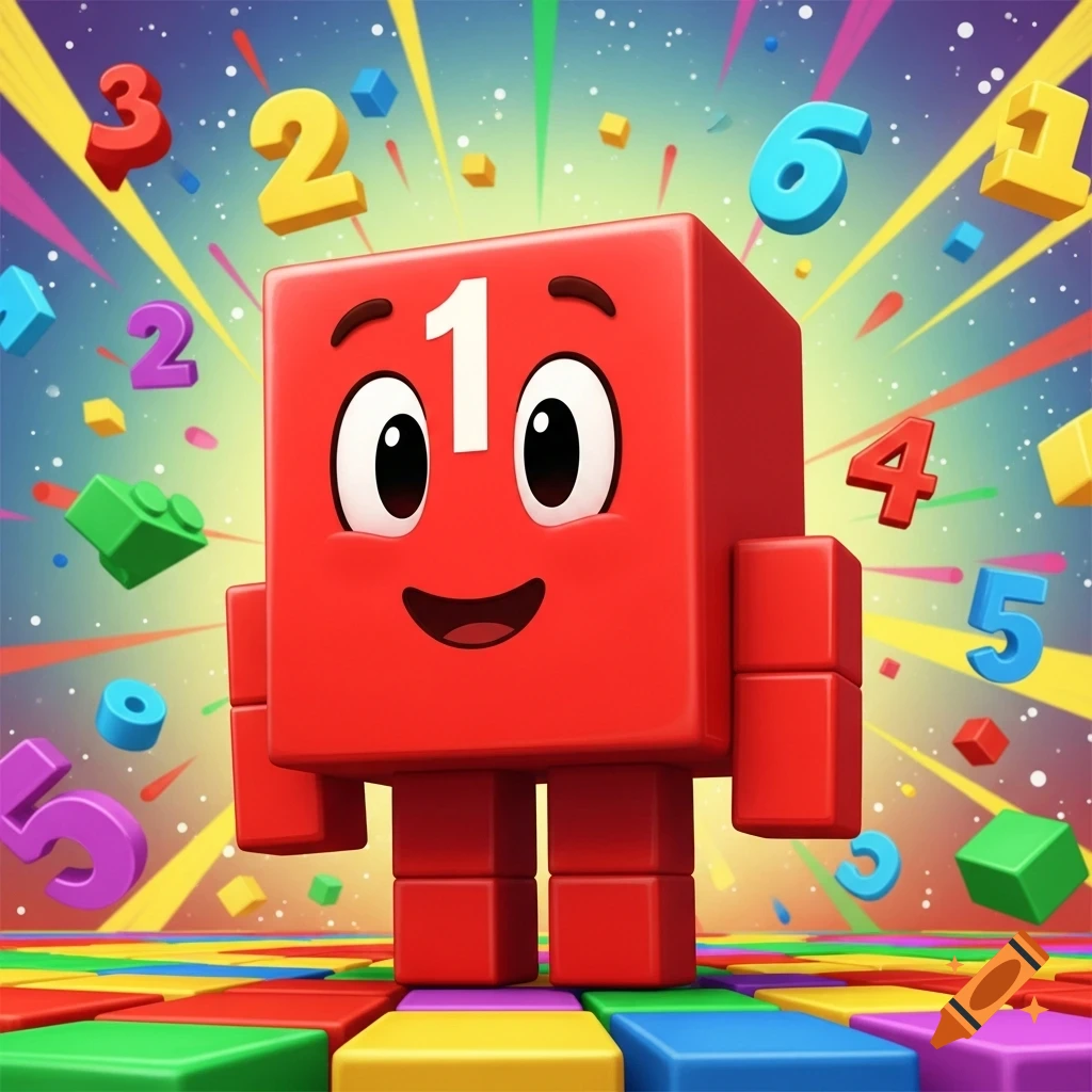A happy, red block character with the number 1 on its face, surrounded by colorful numbers and building blocks in a vibrant cartoon style.
