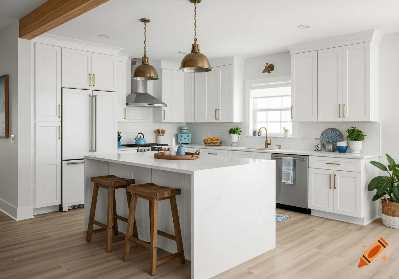 A bright coastal Mediterranean kitchen with white shaker cabinets, a large island with two wooden stools, and brass hardware and lighting.