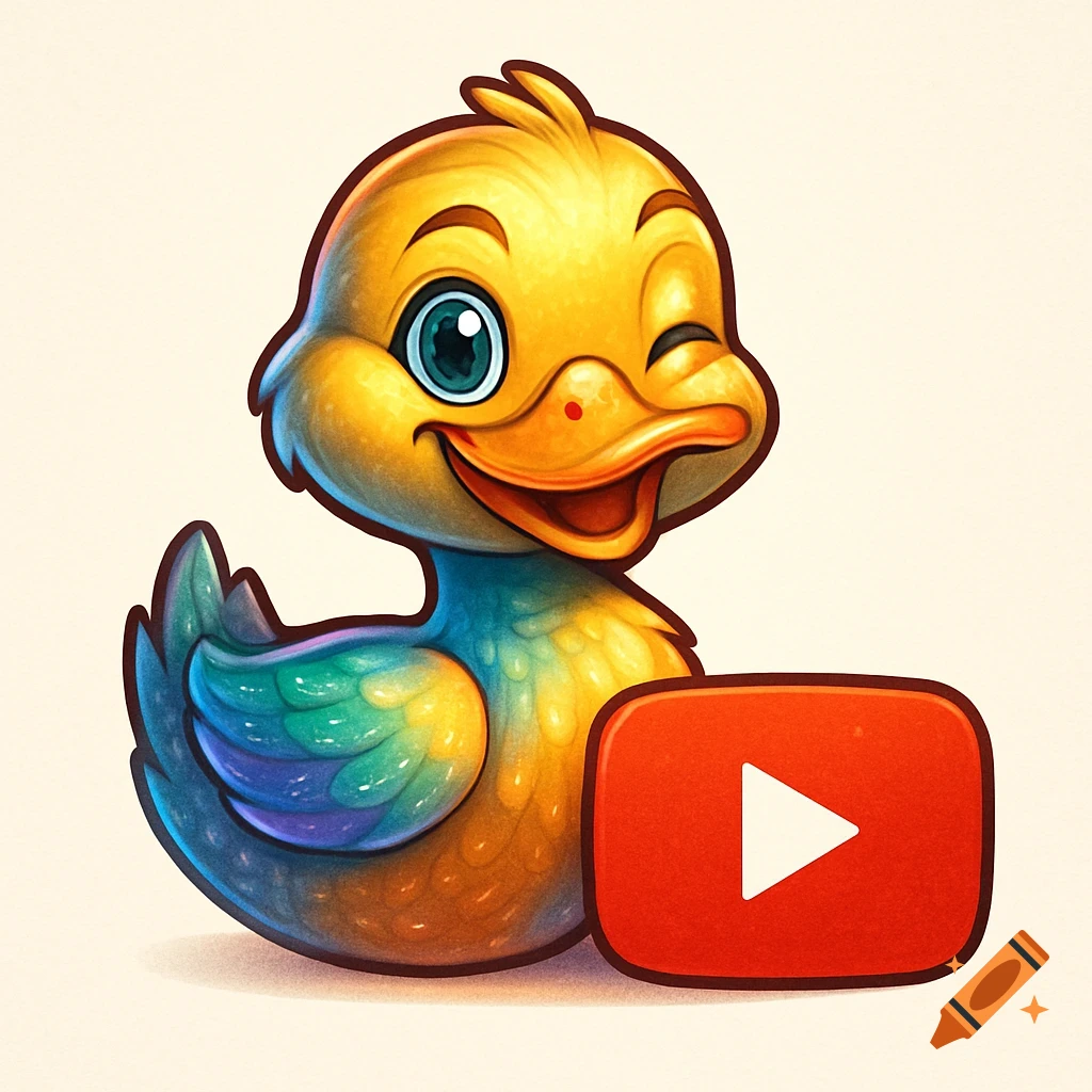 A cute, winking cartoon duck with colorful feathers, sitting next to a red YouTube play button logo.