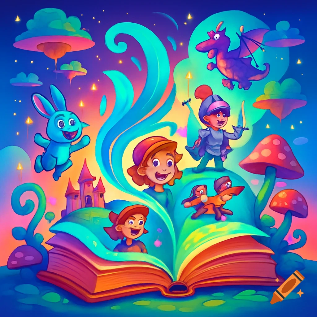 A vibrant cartoon illustration of an open storybook revealing a fantasy world with a bunny, knight, dragon, and children characters.