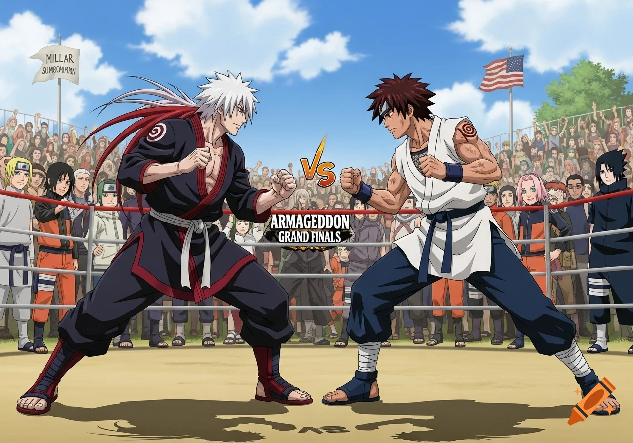 Two anime characters, one with white hair and the other with brown hair, face each other in a boxing ring, ready to fight. A large crowd watches from the stands, with an American flag visible in the background.