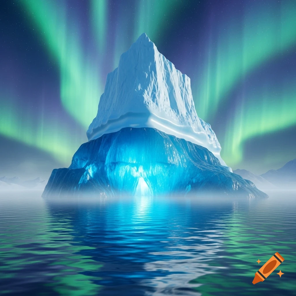 A glowing blue and white iceberg floats in water under a vibrant green and purple aurora borealis in an arctic landscape.