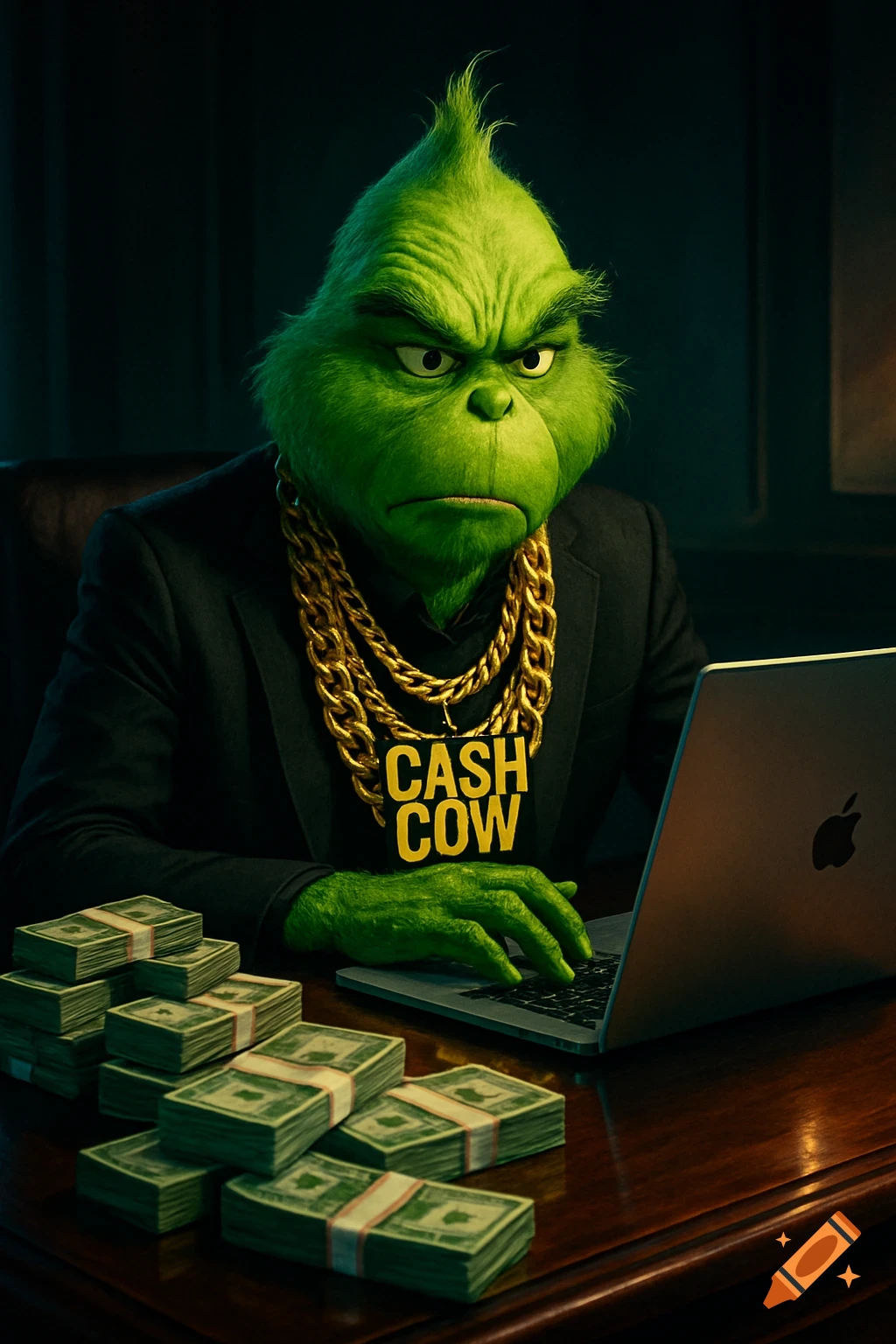 A photorealistic gangster Grinch with gold 'CASH COW' chains works on a laptop at a desk covered in stacks of cash.