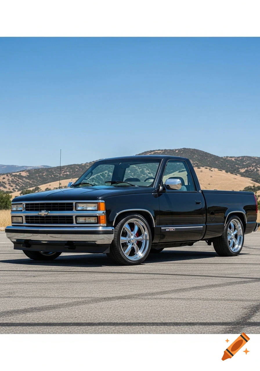 A black Chevrolet OBS pickup truck with chrome Centerline style wheels is parked on asphalt with hills and a clear blue sky in the background.