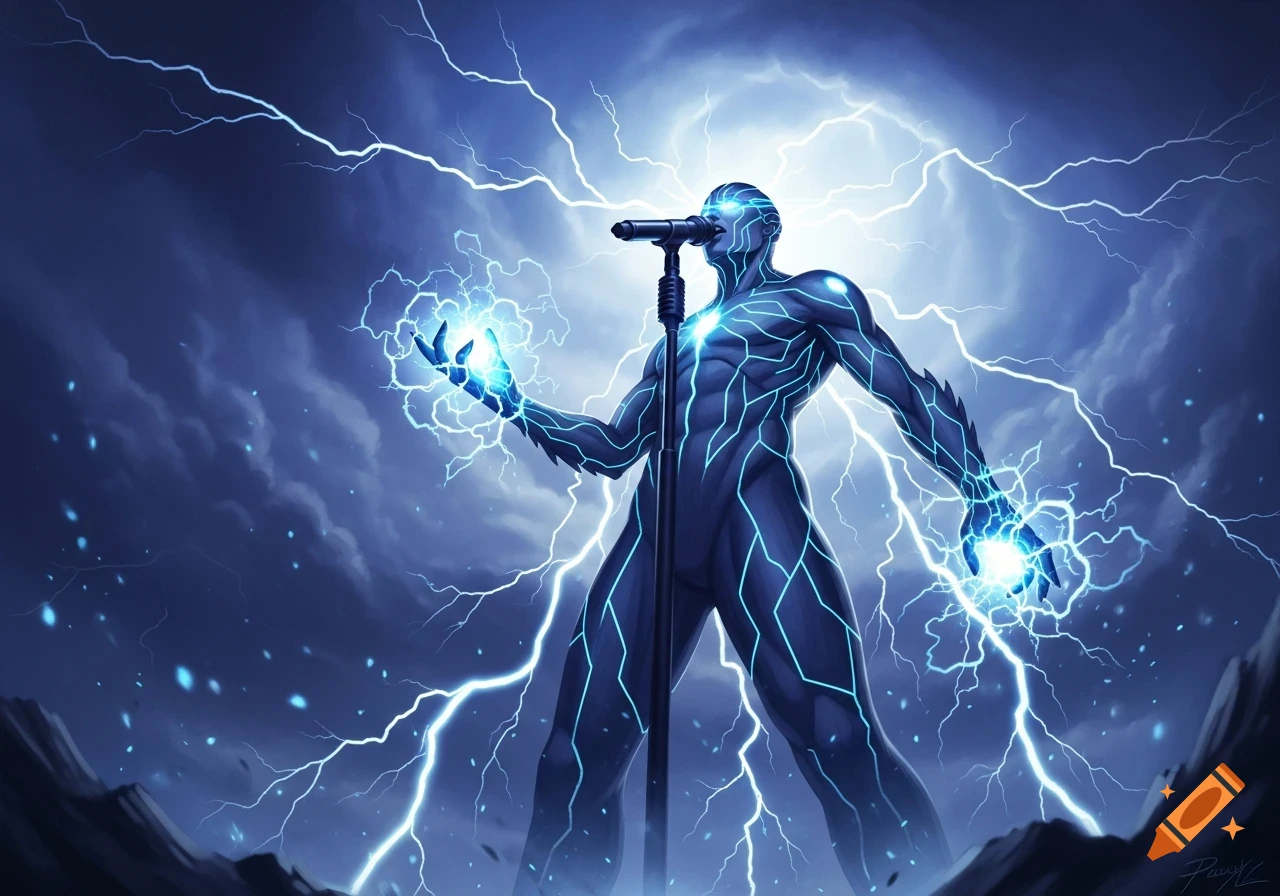 A powerful, glowing blue electricity monster sings into a microphone amidst a stormy sky with lightning.