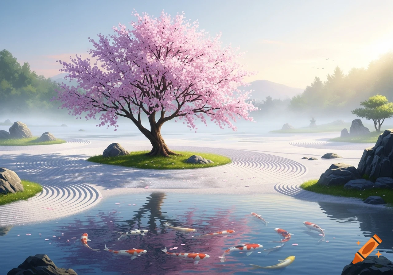 Tranquil Japanese garden with a pink cherry blossom tree, raked sand, koi fish pond, and misty mountains.