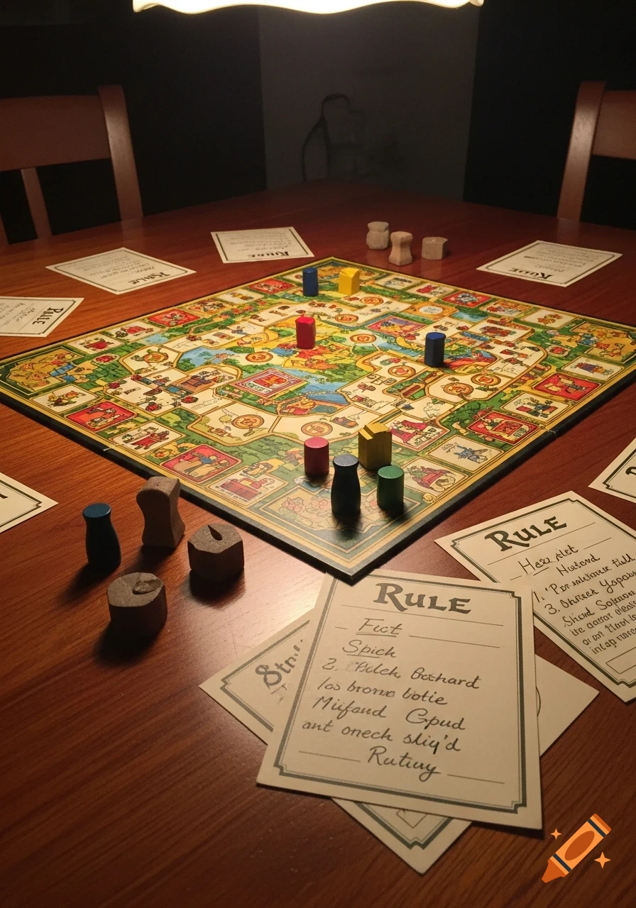 A board game with colorful pieces and rule cards set on a wooden table, lit by an overhead lamp.