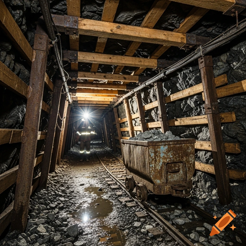 Photorealistic image of a dark underground mine shaft with wooden supports, a mining cart on tracks, and a miner with a bright headlamp.
