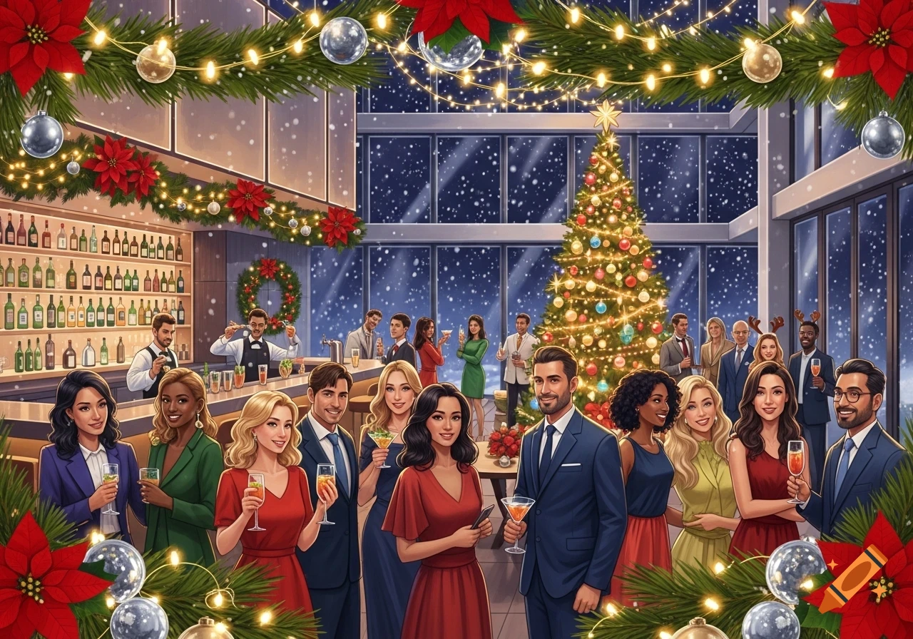 A diverse group of people celebrating at a Christmas party in a festive bar with a decorated tree and falling snow outside.