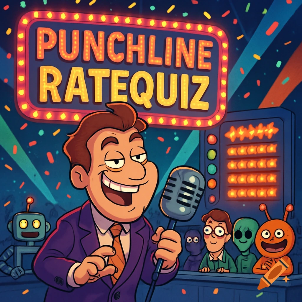 A smiling cartoon game show host holds a microphone under a 'PUNCHLINE RATEQUIZ' sign, with robot and alien audience.