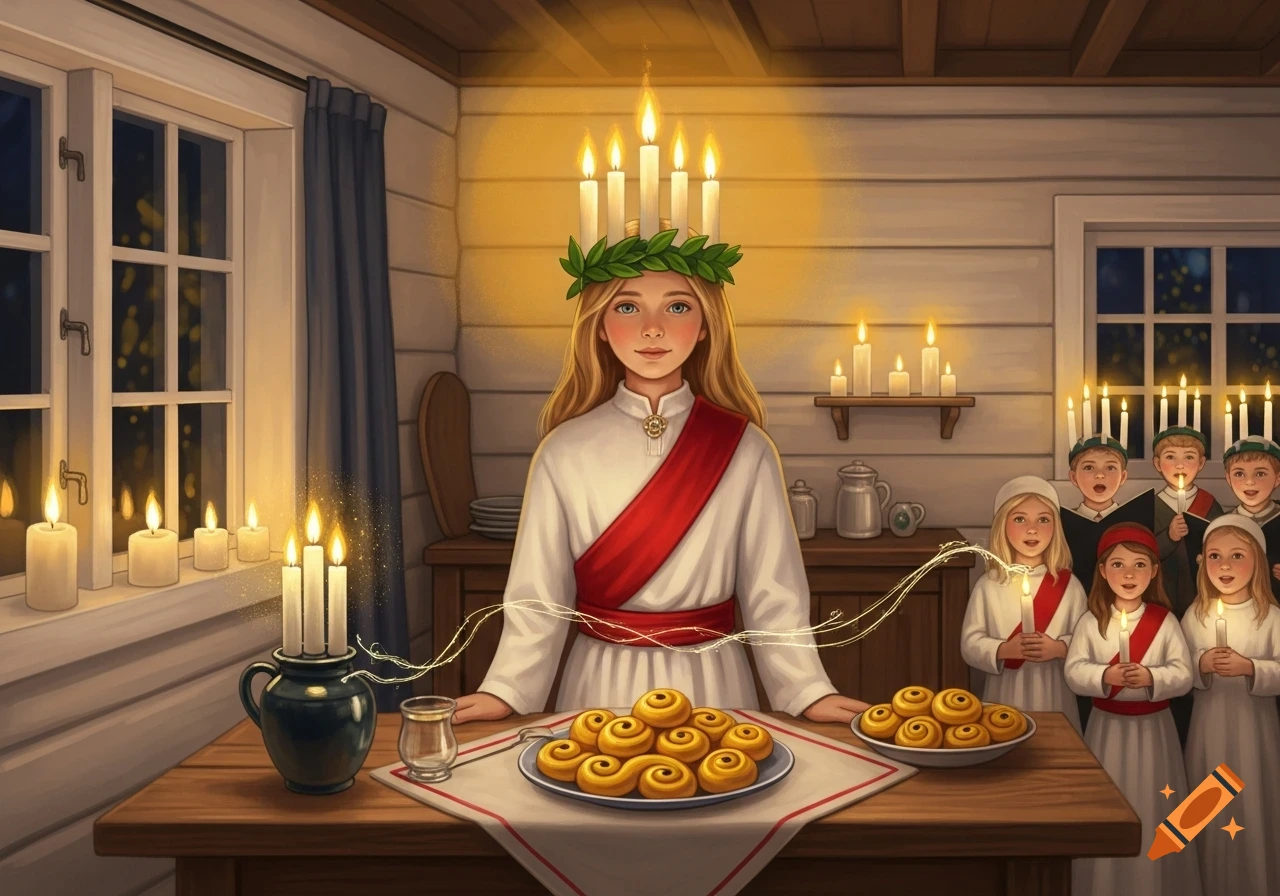 A young girl, dressed as St. Lucy with a wreath of candles on her head, stands at a table with traditional saffron buns. Behind her, other children, also holding candles, participate in the festive, candlelit celebration.